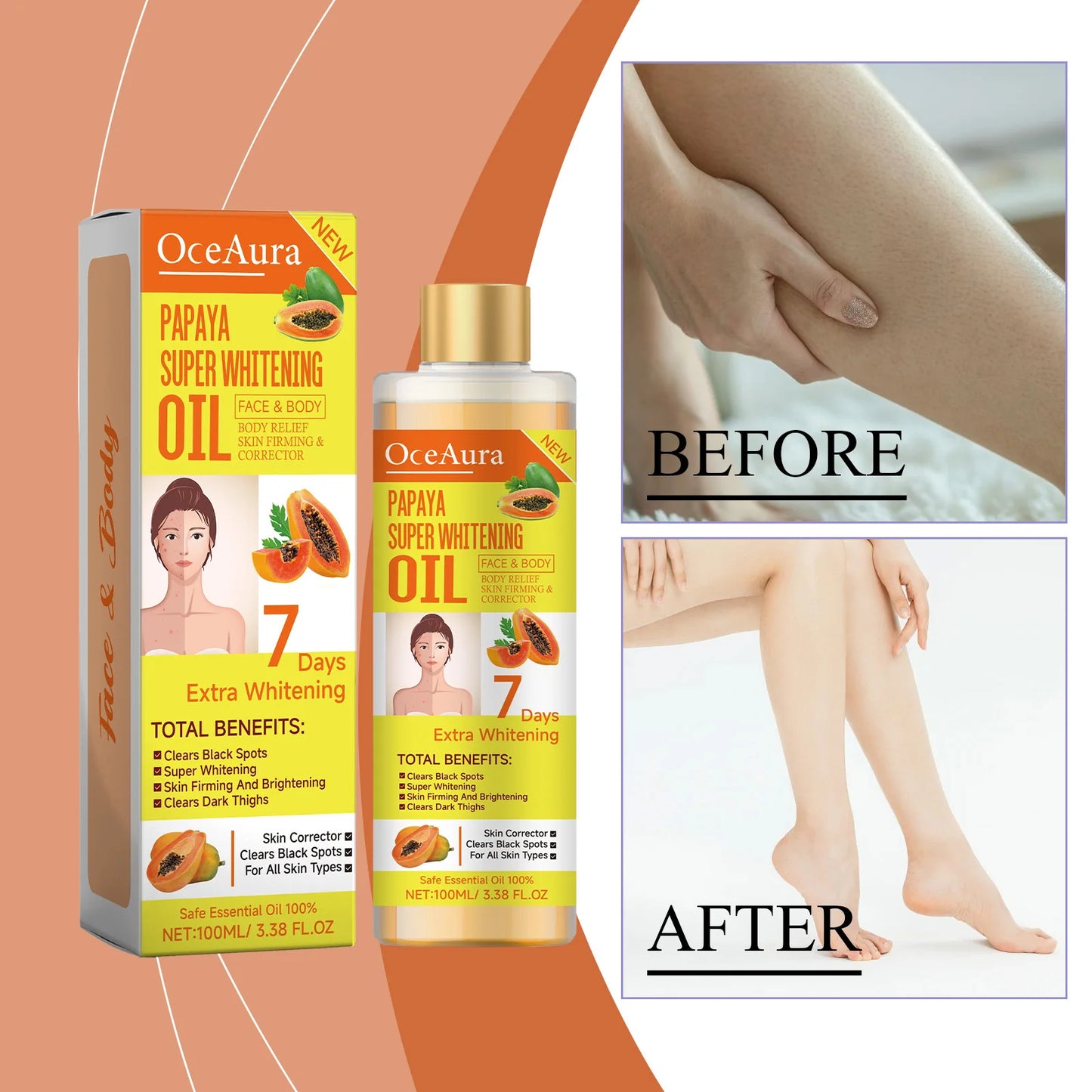 Papaya Super Whitening Oil Face & Body Moisturizer Nourishing Whitening Body Oil Body Massageskin Papaya Oil 3.38 Oz